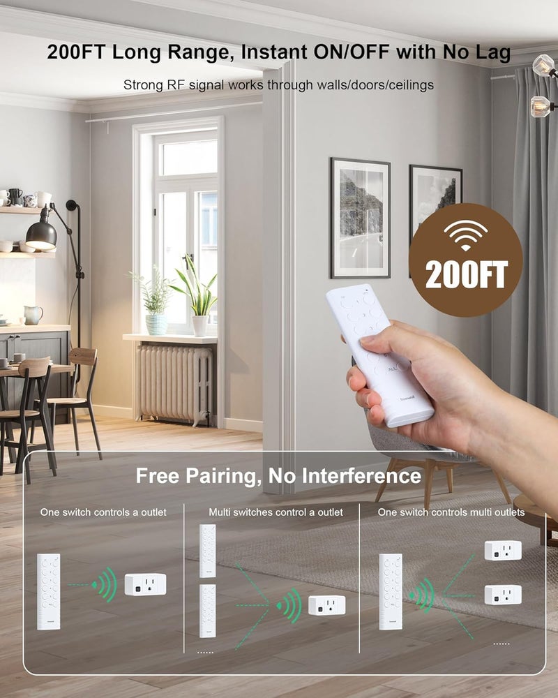 treewell Wireless Remote Control Outlet, 200FT Long Range Remote Light Switch, Mini Remote Outlet Plug, 15A/1875W High-Power for Lamps, Lights, Household Appliances, FCC & ETL Listed (5 Outlets + 2 Remotes) - Image 4